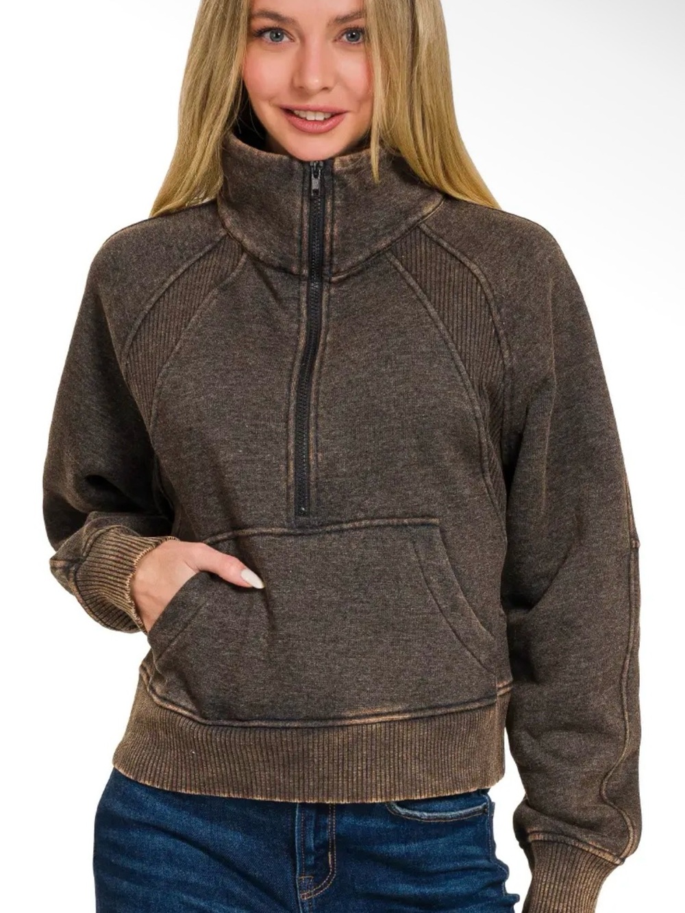 Zenana Outfitters Brown Half-Zip Pullover Sweatshirt